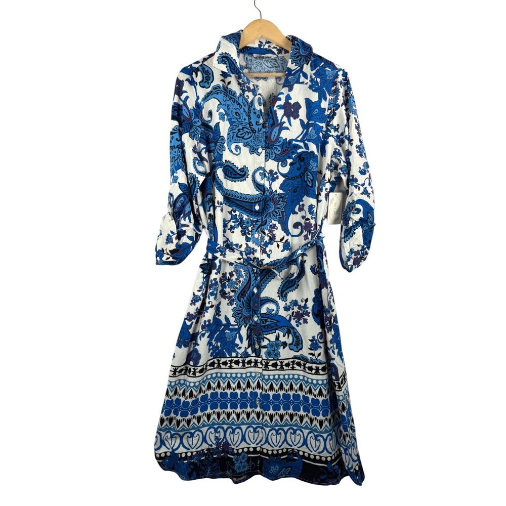 Fig + Flower floral paisley tie waist roll tab sleeve boho beachy dress